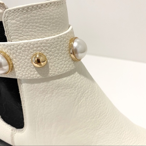 KARL LAGERFELD Pola Leather Off White Pearl Stud Ankle Strap Chelsea Booties NWT - Picture 5 of 16